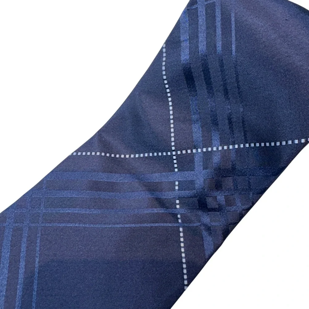 Pierre Cardin Mens Navy Blue Plaid‎ Silk Necktie Geometric Dotted Line Vintage